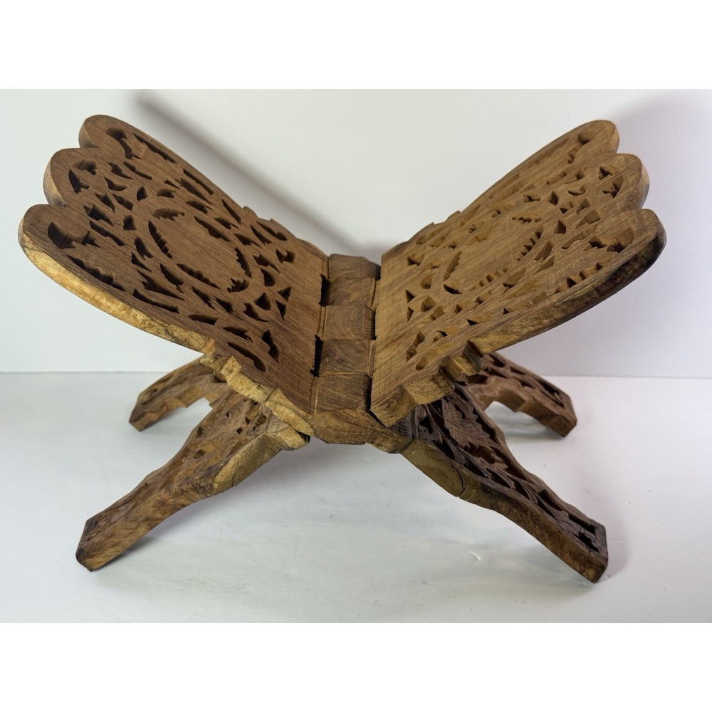 Vintage Hand Carved Wooden Folding Book Stand Bible Quran Cookbook Display
